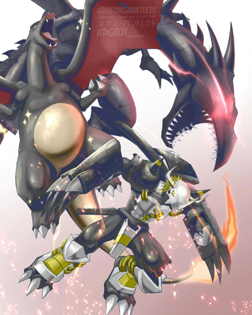 alternate_color armor blackwargreymon blonde_hair charizard claws digimon digimon_(creature) duel_monster gen_1_pokemon highres muscular muscular_male nintendo pokemon pokemon_(creature) red-eyes_black_dragon shiny_pokemon yellow_eyes yu-gi-oh!