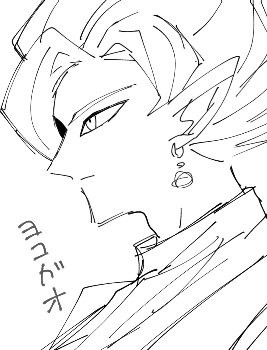 1boy bodysuit dragon_ball dragon_ball_super earrings expressionless from_side fused_zamasu greyscale highres himazin100 japanese_text jewelry looking_ahead monochrome pointy_ears potara_earrings sketch solo spiked_hair