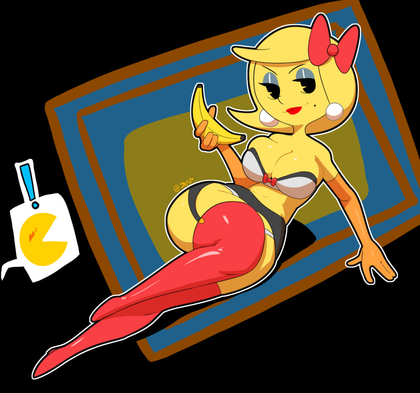 ! 1girl arm_support banana bare_shoulders black_eyes black_skirt blonde_hair blush boots bow breasts colored_skin convenient_leg dutch_angle earrings elbow_gloves eyeshadow facing_viewer food fruit full_body garter_straps gloves hair_ribbon highres jewelry looking_at_viewer lying makeup medium_breasts midriff mole mole_under_mouth ms._pac-man namco on_side orange_gloves outline pac-man pac-man_(game) pac-man_eyes panties pencil_skirt personification red_bow red_footwear red_lips red_ribbon revealing_clothes ribbon skirt speech_bubble spoken_character surprised tagme thehumancopier thigh_boots thighhighs undersized_clothes underwear white_outline white_panties yellow_skin