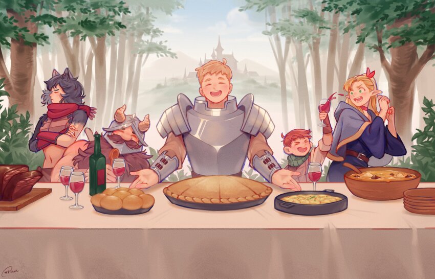 2girls 3boys absurdres alcohol arm_up armor artist_name beard black_hair blonde_hair blue_robe bottle bowl bracer bread_bun brown_hair castle cat_girl cat_tail chilchuck_tims closed_eyes closed_mouth commentary crossed_arms cup drinking_glass dungeon_meshi dwarf elf english_commentary facial_hair facing_to_the_side facing_viewer fake_horns fine_art_parody food forest full_beard hands_up helmet highres horned_helmet horns izutsumi laios_touden light_brown_hair long_beard long_hair long_sleeves looking_at_another marcille_donato meat monster_girl multiple_boys multiple_girls nature open_mouth outdoors pan_(pan_p) parody pauldrons pie pointy_ears robe senshi_(dungeon_meshi) short_hair shoulder_armor soup table tail the_last_supper toasting_(gesture) tree upper_body very_short_hair wide_sleeves wine wine_bottle wine_glass