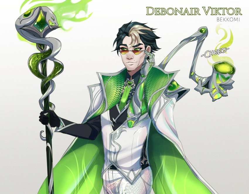 artist_name bekkomi black_gloves black_hair black_shirt character_name colored_sclera gloves green_eyes green_necktie green_robe green_sclera highres holding holding_staff jacket league_of_legends long_sleeves looking_at_viewer mechanical_arms mole mole_above_mouth necktie pants robe shiny_clothes shirt short_hair simple_background single_mechanical_arm smile snake staff sunglasses two-sided_fabric vest viktor_(league_of_legends) white_background white_jacket white_pants white_vest