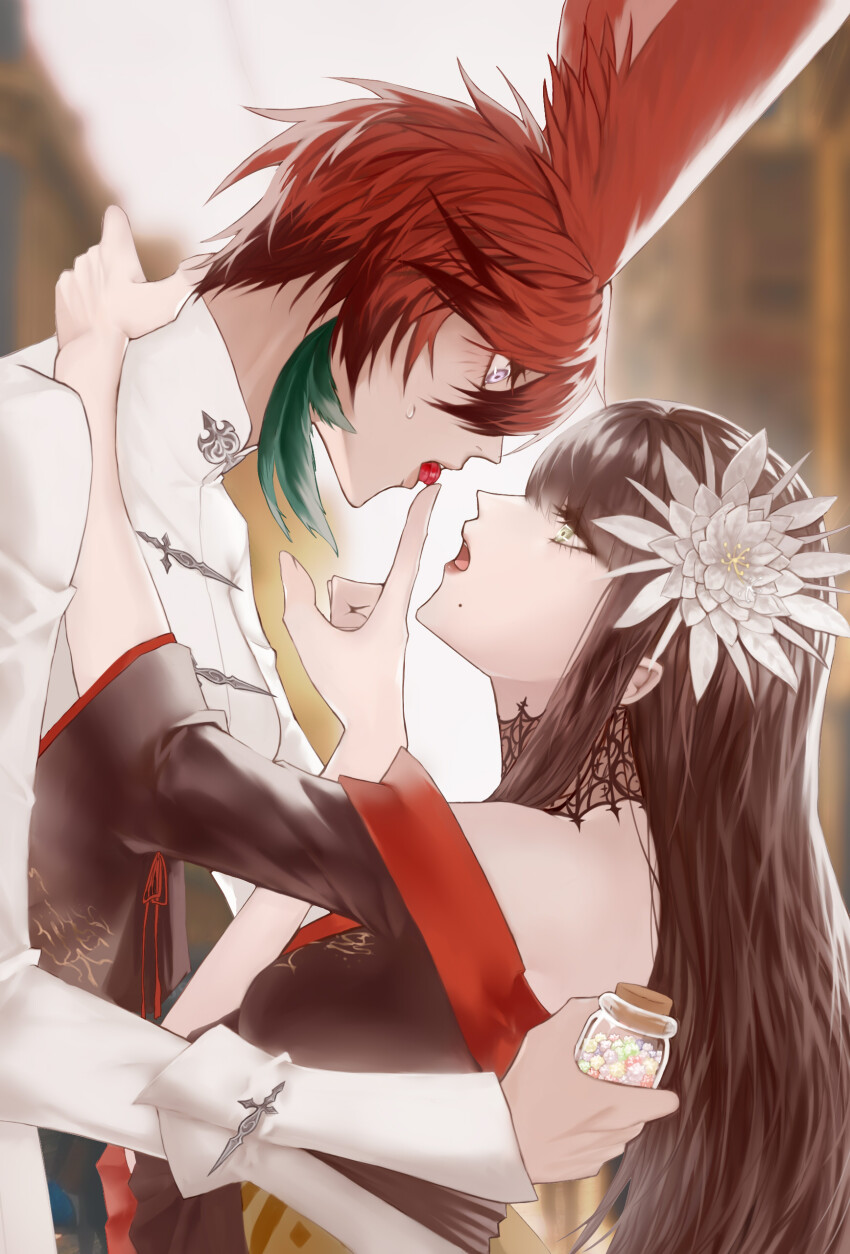 2girls absurdres animal_ears bare_shoulders black_collar black_hair black_kimono blurry blurry_background collar commentary_request epiphyllum eye_contact face-to-face feather_hair_ornament feathers feeding final_fantasy final_fantasy_xiv flower green_eyes hair_flower hair_ornament hand_on_another&#039;s_back highres holding holding_jar hyur index_finger_raised jacket japanese_clothes jar kimono korean_commentary lace_collar long_hair looking_at_another mole mole_under_mouth multiple_girls nono_okok_good off_shoulder open_mouth profile rabbit_ears red_hair red_trim short_hair sweatdrop viera warrior_of_light_(ff14) white_flower white_jacket wide-eyed yotsuyu_goe_brutus yuri