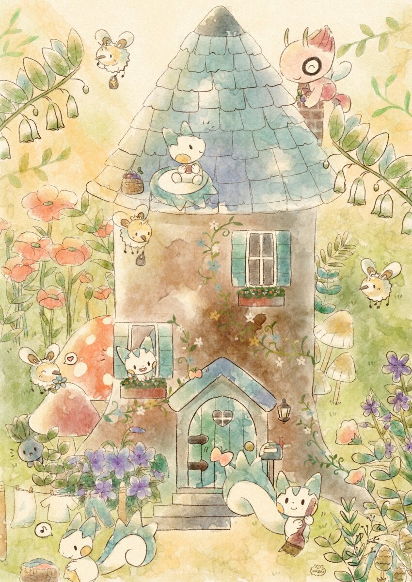 absurdres alternate_color broom building celebi closed_eyes clothesline cutiefly flower game_freak gen_1_pokemon gen_2_pokemon gen_4_pokemon gen_7_pokemon grass heart highres legendary_pokemon mian_(user_kwcj2833) mushroom mythical_pokemon nintendo no_humans oddish open_mouth pachirisu plant pokemon pokemon_(creature) shiny_pokemon traditional_media vines