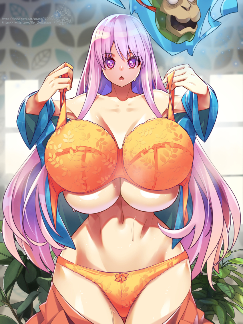 1girl :&lt; bare_shoulders blue_fire blue_shirt blush bow bow_panties bra breasts clothes_pull collarbone cowboy_shot fire groin hata_no_kokoro highres holding holding_bra holding_underwear holding_unworn_clothes huge_breasts indoors leaf leaf_print light_particles linea_alba long_hair long_sleeves looking_at_viewer mask open_mouth orange_bra orange_panties panties pink_eyes pink_hair pink_skirt pixiv_id pixiv_username plaid_clothes plaid_shirt plant shiny_skin shirt signature skirt skirt_pull solo standing stomach sweat thigh_gap touhou twitter_username umigarasu_(kitsune1963) underboob underwear unworn_bra very_long_hair