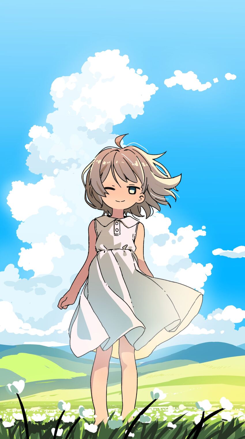 1girl absurdres ahoge barefoot brown_hair cloud dress flower grass green_eyes highres hill looking_at_viewer one_eye_closed orenjipiiru original short_hair sky sleeveless sleeveless_dress smile standing white_dress wind wind_lift wink
