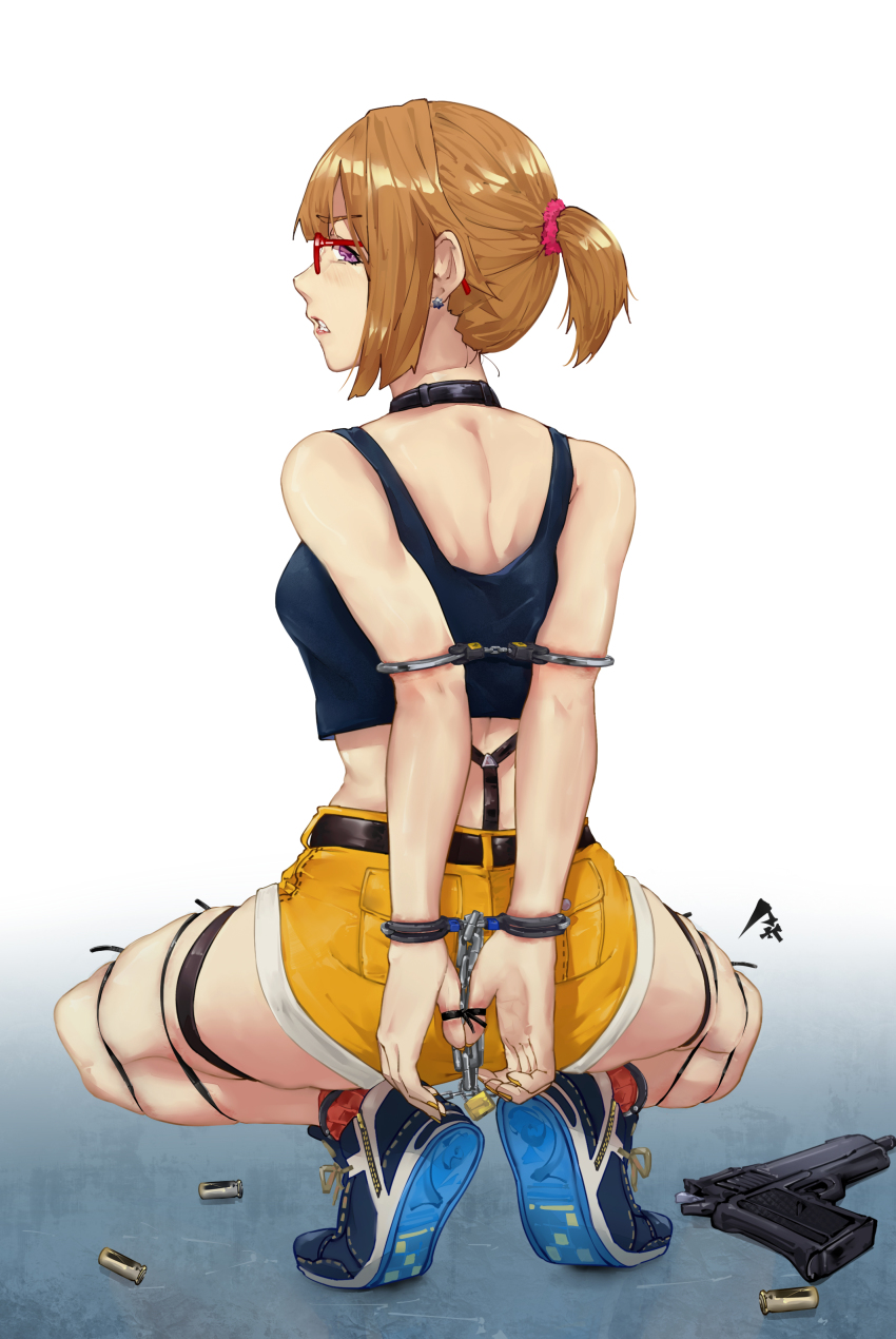 .50_action-express 1girl absurdres action_arms arms_behind_back bdsm blue_footwear bondage bound breasts shell_casing cable_tie chain choker commercial_cartridge commission cuffs earrings from_behind full_body girls&#039;_frontline glasses grizzly_mkv_(girls&#039;_frontline) grizzly_mkv_(weekend_cop)_(girls&#039;_frontline) gun hair_ornament hair_scrunchie handcuffs handgun handgun_cartridge highres jewelry l.a.r._manufacturing lar_grizzly_win_mag lock looking_back magnum_cartridge official_alternate_costume padlock pick&#039;k pistol_cartridge ponytail purple_eyes restrained scrunchie second-party_source shell_casing short_hair short_ponytail short_shorts shorts skindentation socks squatting tank_top thigh_strap weapon yellow_shorts