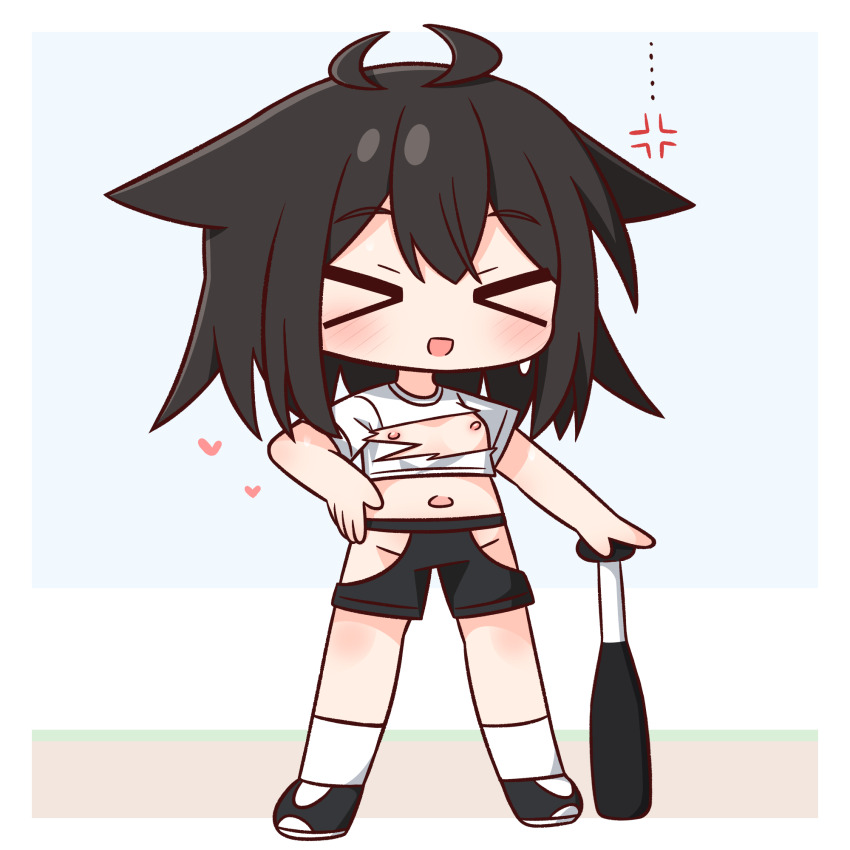 &gt;_&lt; ... 1girl :d anger_vein baseball_bat black_hair black_shoes black_shorts blush breasts chibi closed_eyes crop_top facing_viewer full_body groin hair_between_eyes hana_kazari hand_on_own_hip heart highres hip_vent metal_baseball_bat midriff navel nipples open_mouth original shirt shoes short_sleeves shorts small_breasts smile socks solo standing torn_clothes torn_shirt white_shirt white_socks xd