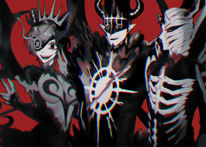 1girl 2boys absurdres black_clover bone breasts chromatic_aberration cleavage clock dante_zogratis demon_boy demon_girl demon_horns demon_wings eyepatch facial_hair facial_mark frit_2 goatee high_collar highres horns multiple_boys mustache open_mouth pointy_ears possessed red_background red_eyes see-through_clothes sharp_teeth siblings sideburns simple_background skeleton_costume teeth tiara underboob vanica_zogratis wings zenon_zogratis
