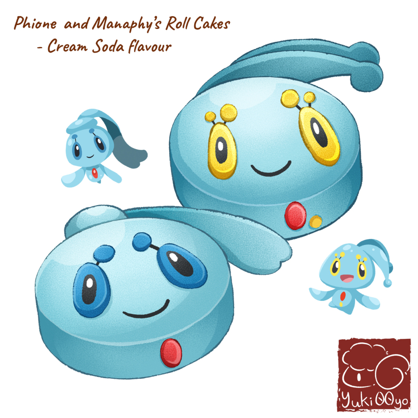 artist_logo artist_name cake character-themed_food character_name english_text food food_focus food_name gen_4_pokemon highres legendary_pokemon logo manaphy mythical_pokemon nintendo no_humans pastry phione pokemon simple_background swiss_roll white_background yuki00yo