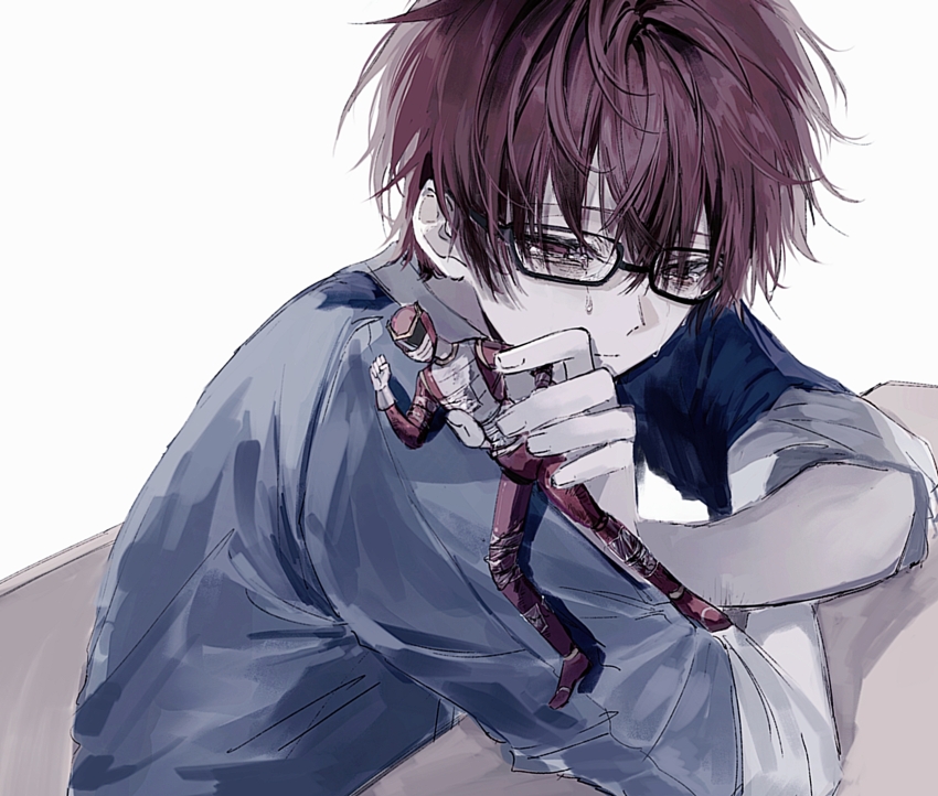 1boy action_figure black-framed_eyewear blue_shirt chinese_commentary closed_mouth commentary_request crying crying_with_eyes_open elbows_on_table ensemble_stars! glasses highres holding holding_figure male_focus morisawa_chiaki red_eyes red_hair shirt sleeves_rolled_up solo sukima_(2404285185) tears upper_body white_background