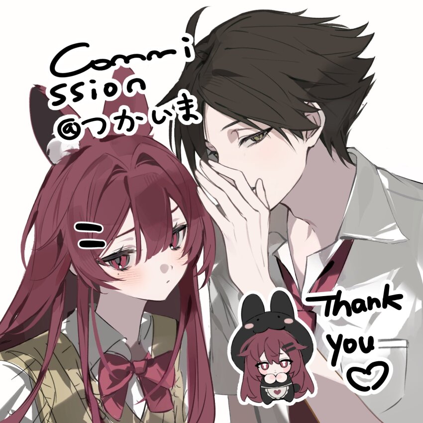 1boy 1girl ahoge animal_ears black_hair blush bow bowtie chibi collared_shirt english_text green_eyes hair_between_eyes hair_ornament hairclip highres long_hair looking_at_viewer male_focus minirai0707 mole mole_under_eye necktie original rabbit_ears red_bow red_bowtie red_eyes red_hair red_necktie school_uniform shirt short_hair short_sleeves sweater_vest upper_body watermark white_background white_shirt