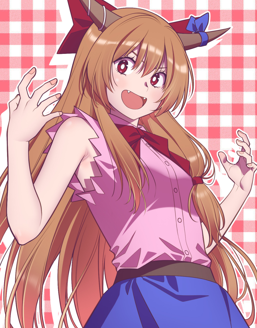 1girl :d andrian_januar_adilia armpit_crease bow bowtie brown_hair commentary_request cowboy_shot fangs hair_between_eyes hair_bow highres horn_bow horn_ornament horns ibuki_suika indonesian_commentary long_hair looking_at_viewer open_mouth plaid_background purple_skirt red_bow red_bowtie red_eyes shirt skirt sleeveless sleeveless_shirt smile solo standing touhou v-shaped_eyebrows very_long_hair