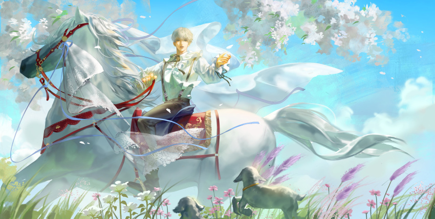 1boy absurdres black_boots black_ribbon blue_eyes blue_sky boots brown_pants brown_ribbon buckle catching cherry_blossoms chinese_commentary chongjiu_yi_kuang_yan cloud collared_shirt commentary_request day expressionless field fingernails floating_hair flower flower_field frilled_shirt_collar frilled_sleeves frills full_body grass high-waist_pants highres holding holding_reins horse horseback_riding lamb lavender_(flower) lips long_sleeves looking_at_viewer love_and_deepspace male_focus neck_ribbon outdoors outstretched_hand pants parted_lips petals pink_flower puffy_long_sleeves puffy_sleeves purple_flower realistic reins ribbon riding saddle sheep shirt short_hair sky sleeve_ribbon solo spring_(season) suspenders veil white_flower white_hair white_horse white_ribbon white_shirt white_veil wind xavier_(love_and_deepspace)