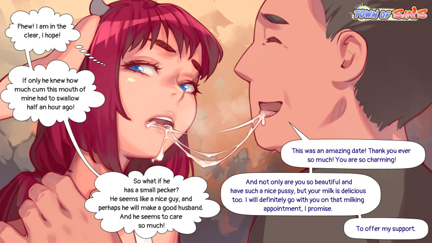 1boy 1girl absurdres after_kiss animal_ears cellphone costume cow_ears cow_girl cum cum_in_mouth english_text fake_animal_ears happy hetero highres horns kiss milking_cow mobile navel non-web_source phone red_hair smile speech_bubble thought_bubble town_of_sins