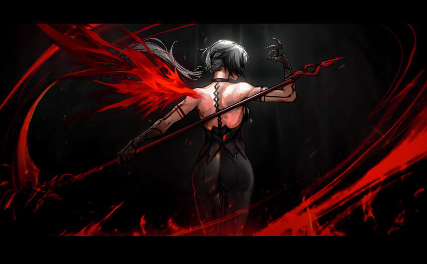 1girl absurdres arlecchino_(genshin_impact) arm_tattoo armor ass backless_shirt black_armor black_background black_hair black_pants black_shirt colored_extremities commentary cowboy_shot deka_yo english_commentary facing_to_the_side floating_hair from_behind genshin_impact hand_up highres holding holding_scythe holding_weapon letterboxed long_hair low-tied_long_hair multicolored_hair pants scythe shirt solo standing streaked_hair tattoo toned toned_female weapon white_hair