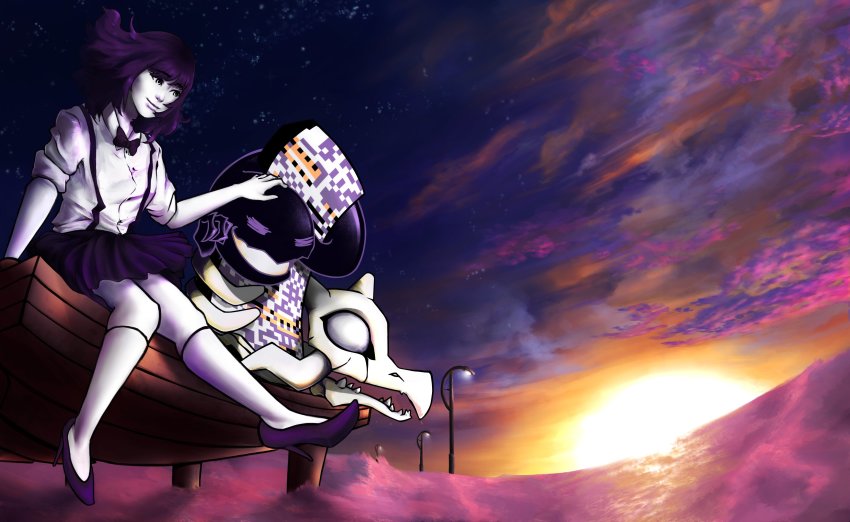 1girl 1other absurdres aerodactyl bow bowtie closed_eyes cloud collared_shirt colored_skin crossover floating_hair fossil gen_1_pokemon ghost glitch headpat high_heels highres kirie_(nananina_no) kneehighs lamppost missingno. nintendo pier pokemon pokemon_(creature) pokemon_tower_ghost purple_bow purple_bowtie purple_footwear purple_hair purple_skirt real_life river shirt short_hair siivagunner sitting skeleton skirt skull sky sleeves_pushed_up smile socks star_(sky) starry_sky static sunset suspenders sweetest_music takeuchi_mariya white_eyes white_shirt white_skin white_socks wing_collar