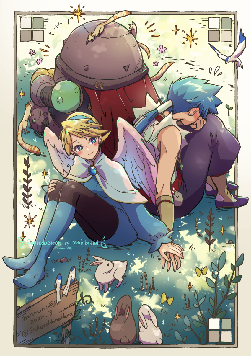 1boy 1girl 1other absurdres back-to-back bird black_pantyhose blonde_hair blue_brooch blue_eyes blue_hair blue_hairband blush breath_of_fire breath_of_fire_iv bug butterfly cape capelet ershin hairband highres holding_hands insect kneehighs knees_to_chest long_sleeves maruno nina_(breath_of_fire_iv) pantyhose ponytail rabbit red_cape ryu_(breath_of_fire_iii) shirt short_hair sign sitting sleeveless sleeveless_shirt socks twitter_username white_capelet wings