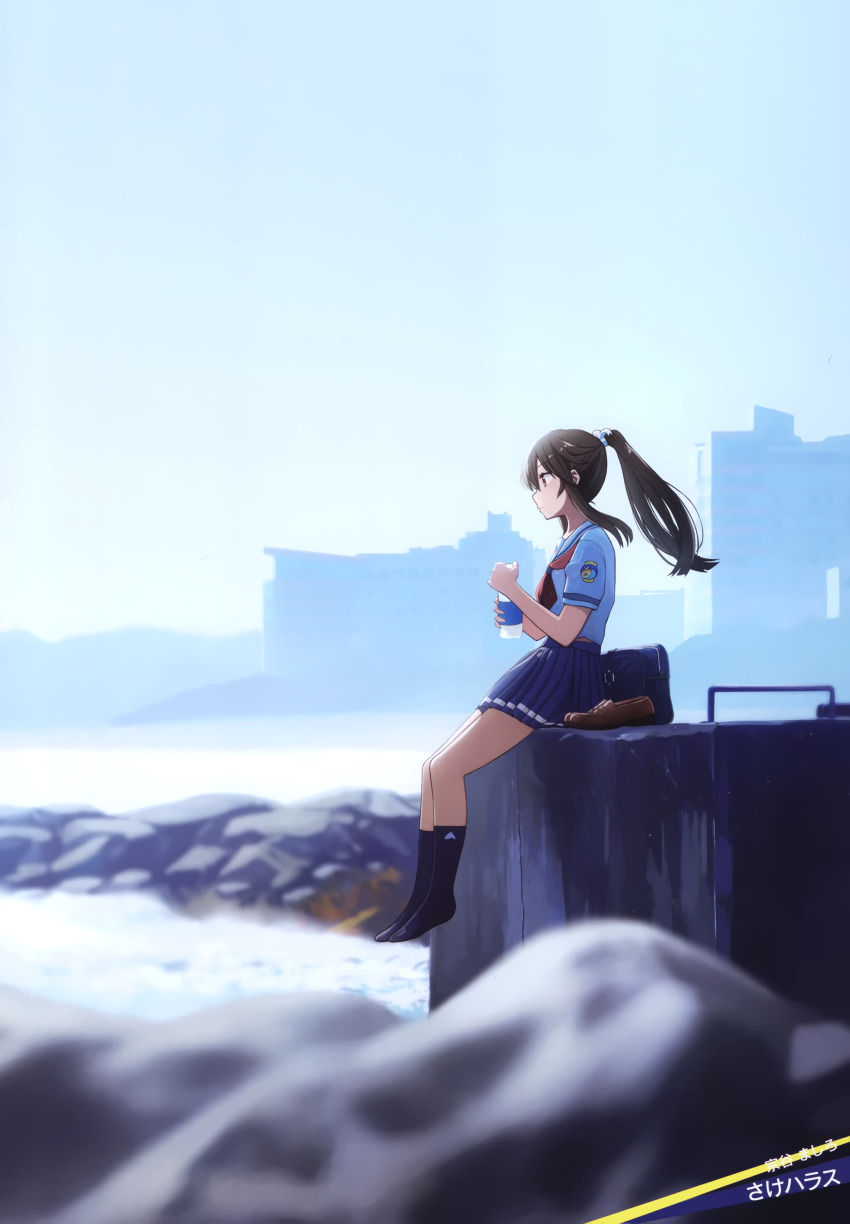 1girl absurdres artist_name bag black_legwear blue_shirt blue_skirt blurry blurry_foreground bottle brown_eyes brown_hair brown_shoes character_name collared_shirt day floating_hair from_side hair_ornament high_school_fleet highres holding holding_bottle loafers long_hair miniskirt munetani_mashiro neckerchief official_art outdoors pleated_skirt ponytail profile red_neckerchief sailor_collar sailor_shirt sakeharasu school_bag school_uniform serafuku shirt shoes shore short_sleeves sitting skirt solo unworn_shoes water_bottle yokosuka_girls_marine_high_school_uniform