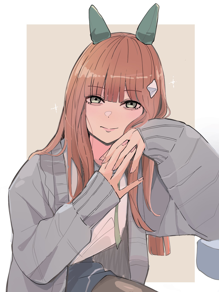 1girl animal_ears black_pantyhose blue_coat blue_skirt blunt_bangs brown_eyes brown_hair closed_mouth coat elbows_on_table hair_ornament head_rest highres horse_ears horse_girl kawamochi_(tddm3573) long_hair long_sleeves looking_at_viewer pantyhose shirt silence_suzuka_(umamusume) skirt smile solo umamusume very_long_hair white_shirt