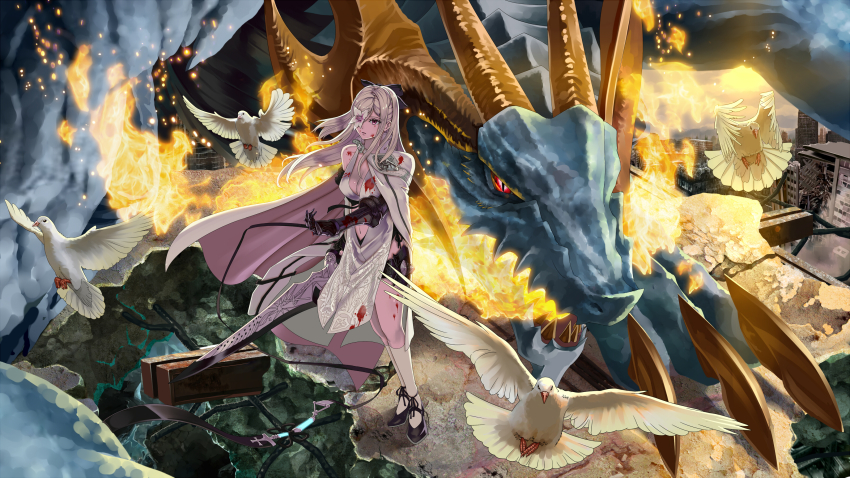 1girl absurdres bird blood blood_on_face dove drag-on_dragoon drag-on_dragoon_3 dragon fire flower flower_eyepatch flower_over_eye highres mikhail_(drag-on_dragoon) prosthesis prosthetic_arm red_eyes ruins sword usui_no_ken weapon white_hair zero_(drag-on_dragoon)