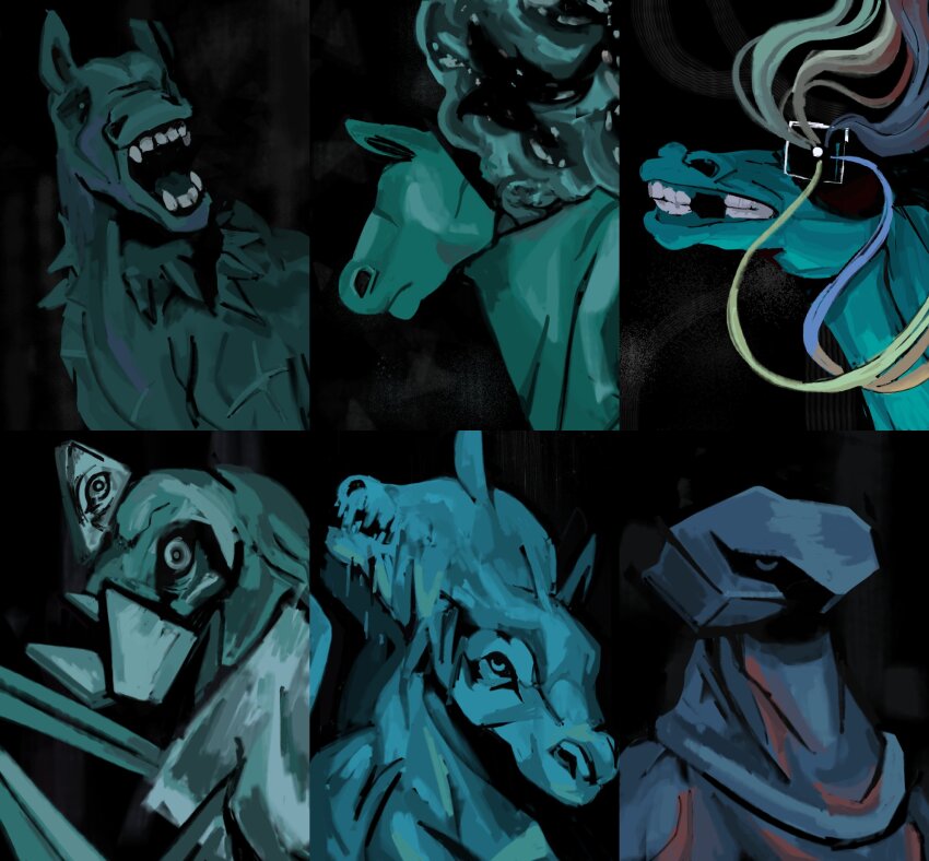 6+others a_mysterious_figure abstract animal_ears black_background disco_elysium garbage_bin_(horse_race_tests) highres horse horse_ears horse_race_tests looking_at_viewer multiple_others no_humans onesidedreed parody portrait style_parody teeth