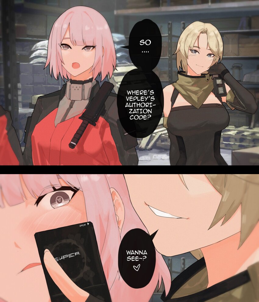 2girls absurdres blonde_hair blush cellphone combat_knife elbow_gloves english_text female_commander_(girls&#039;_frontline) girls&#039;_frontline girls&#039;_frontline_2:_exilium gloves heart heart-shaped_pupils highres holding holding_phone hypnosis hypnosis_app indoors knife knife_sheath mind_control multiple_girls phone pink_hair saga_(girls&#039;_frontline_2) sheath short_hair smartphone smile speech_bubble symbol-shaped_pupils variasii walkie-talkie weapon yuri