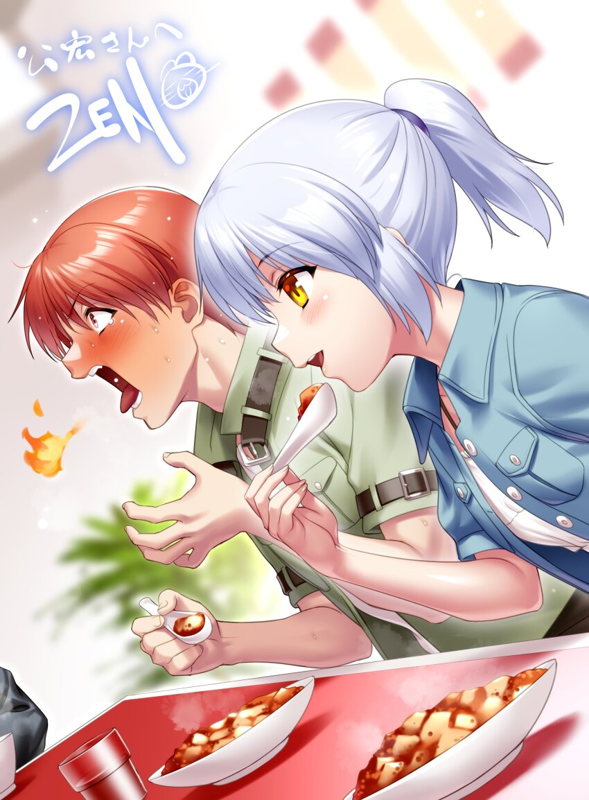 1boy 1girl absurdres angel_beats! angel_wings blue_jacket blurry blurry_background blush commentary_request commission dutch_angle eating food from_side green_jacket hand_up highres holding holding_spoon indoors jacket looking_ahead mapo_tofu medium_hair open_clothes open_jacket open_mouth orange_hair otonashi_yuzuru ponytail profile second-party_source shirt short_hair short_sleeves signature sitting skeb_commission smile spicy spoon steam sweat tachibana_kanade tears teeth tongue tongue_out upper_body upper_teeth_only white_hair white_shirt wide-eyed wings yellow_eyes zen_(kamuro)