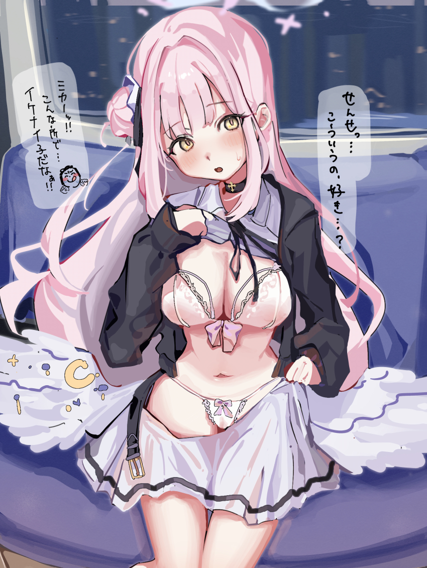 1boy 1girl absurdres alternate_costume black_choker black_jacket black_ribbon blue_archive blush bra choker clothes_lift clothes_pull coa_(35_seno) covered_erect_nipples doodle_sensei_(blue_archive) feathered_wings hair_bun hair_ribbon highres jacket mika_(blue_archive) navel panties pink_hair ribbon sensei_(blue_archive) shirt shirt_lift single_side_bun skirt skirt_hold skirt_pull stomach sweat underwear white_bra white_panties white_shirt white_skirt wings yellow_eyes