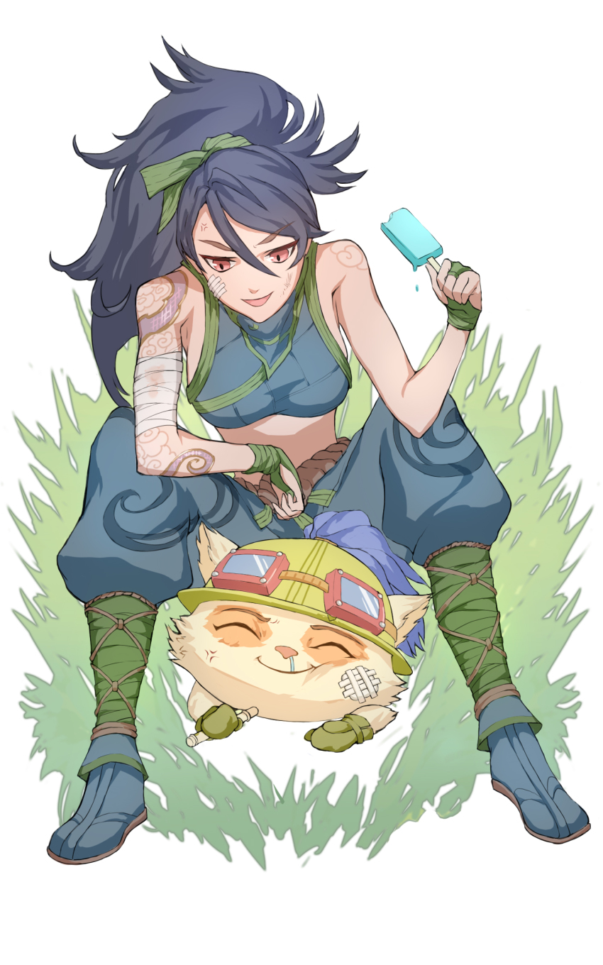 1boy 1girl absurdres akali anger_vein animal_ears arm_tattoo armpit_crease arms_on_knees bandage_on_face bandaged_arm bandages black_hair blowgun breasts brown_eyes closed_eyes clothing_request commentary_request crop_top dripping facing_viewer fingerless_gloves food gloves goggles goggles_on_headwear grass green_gloves hair_between_eyes halterneck hand_up hat high_ponytail highres holding holding_food holding_weapon ice_cream_bar league_of_legends long_hair looking_at_another medium_breasts midriff mittens on_ground open_mouth pants parted_bangs ponytail puffy_pants rayn87250715 sailor_hat sideboob simple_background sitting sitting_on_person slit_pupils smile snot tattoo teemo toned weapon white_background