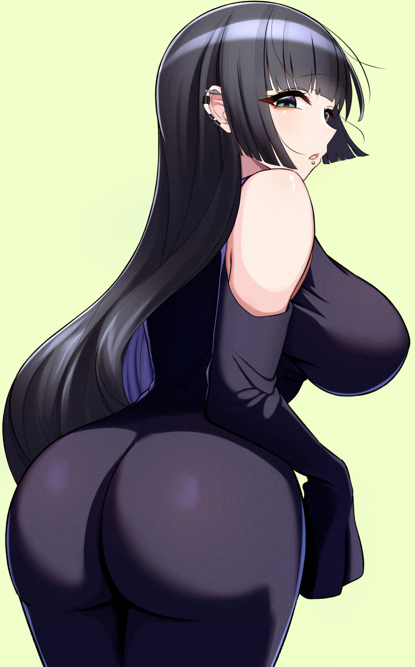 1girl :d aqua_eyes ass barbell_piercing bigthirteen0301 black_choker black_dress black_hair blunt_bangs blush bocchi_the_rock! breasts chin_piercing choker colored_inner_hair curvy detached_sleeves dress ear_piercing face_piercing goth_fashion head_tilt highres hime_cut industrial_piercing jewelry labret_piercing large_breasts long_hair long_sleeves looking_at_viewer mouth_piercing multicolored_hair open_mouth pa-san piercing purple_hair simple_background sleeves_past_fingers sleeves_past_wrists smile solo straight_hair strapless strapless_dress two-tone_hair very_long_hair yellow_background