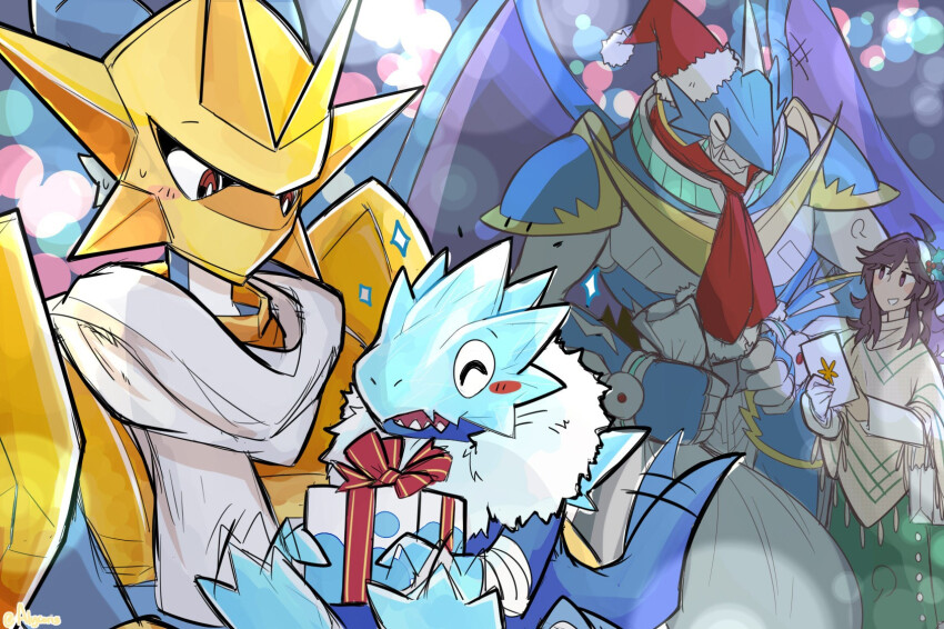 blucomon brown_hair christmas digimon digimon_(creature) gift magnamon smile teeth ulforcev-dramon