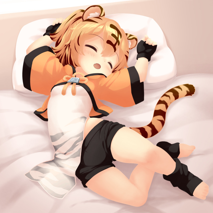 1girl absurdres animal_ears azur_lane black_gloves black_shorts breasts closed_eyes fang fingerless_gloves full_body gloves highres hu_pen_(azur_lane) long_sleeves lying no_lineart open_mouth pelvic_curtain pillow shoboimu short_shorts shorts skin_fang sleeping small_breasts solo tail tiger_ears tiger_girl tiger_tail toes