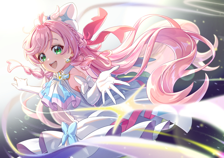 1girl absurdres ascot blue_bow bow braid commentary_request cure_prism dress earrings elbow_gloves glove_bow gloves green_eyes heart heart-shaped_hair highres hirogaru_sky!_precure jewelry layered_dress long_hair looking_at_viewer multicolored_ascot multiple_braids nijigaoka_mashiro open_mouth pink_hair precure rice_rabbit22 sleeveless sleeveless_dress solo sparkle teeth upper_teeth_only white_bow white_dress white_gloves