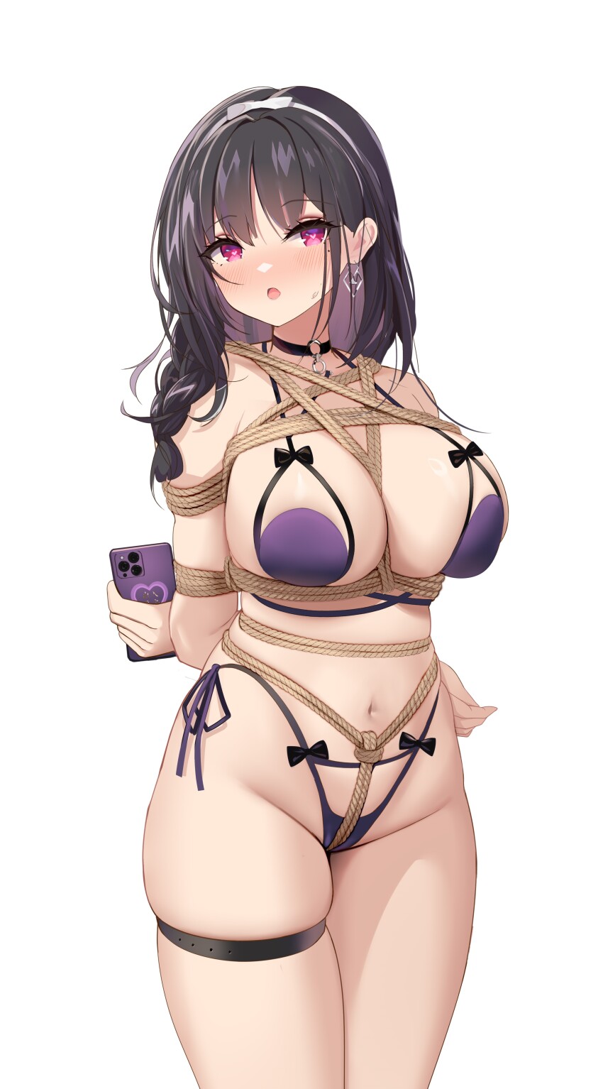 1girl :o absurdres arms_behind_back awaji azur_lane bare_shoulders bdsm belly between_breasts between_legs black_bow black_hair bondage bound bound_arms bound_breasts bound_torso bow bow_bra bow_panties bra braid breast_bondage breasts cleavage collar collarbone crotch_rope earrings female_focus hair_ornament hair_ribbon highleg highleg_panties highres holding holding_phone jewelry large_breasts legs legs_together lingerie long_hair looking_ahead looking_to_the_side multicolored_hair navel open_mouth panties pelvic_curtain phone purple_bra purple_hair purple_panties red_eyes ribbon rope self_bondage shibari shibari_over_clothes side-tie_panties side_braid sidelocks simple_background skin_tight skindentation solo stomach thigh_strap thighs ting_an_(azur_lane) ting_an_(undercover_or_uncovered?!)_(azur_lane) tongue two-tone_hair underwear white_background white_ribbon