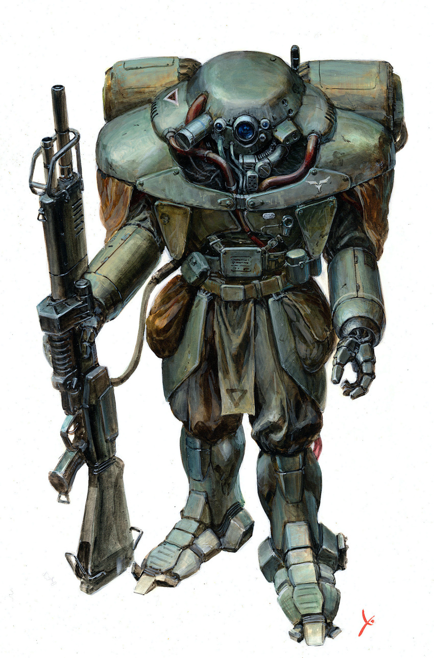 absurdres armor assault_rifle beam_rifle cable commentary_request dirty emblem energy_gun gun highres looking_at_viewer machinery mecha mobile_infantry original painting_(medium) power_armor power_suit radio_antenna realistic rifle robot scan science_fiction signature soldier space_marine starship_troopers takani_yoshiyuki_(style) traditional_media uchuu_no_senshi weapon white_background youkoumori