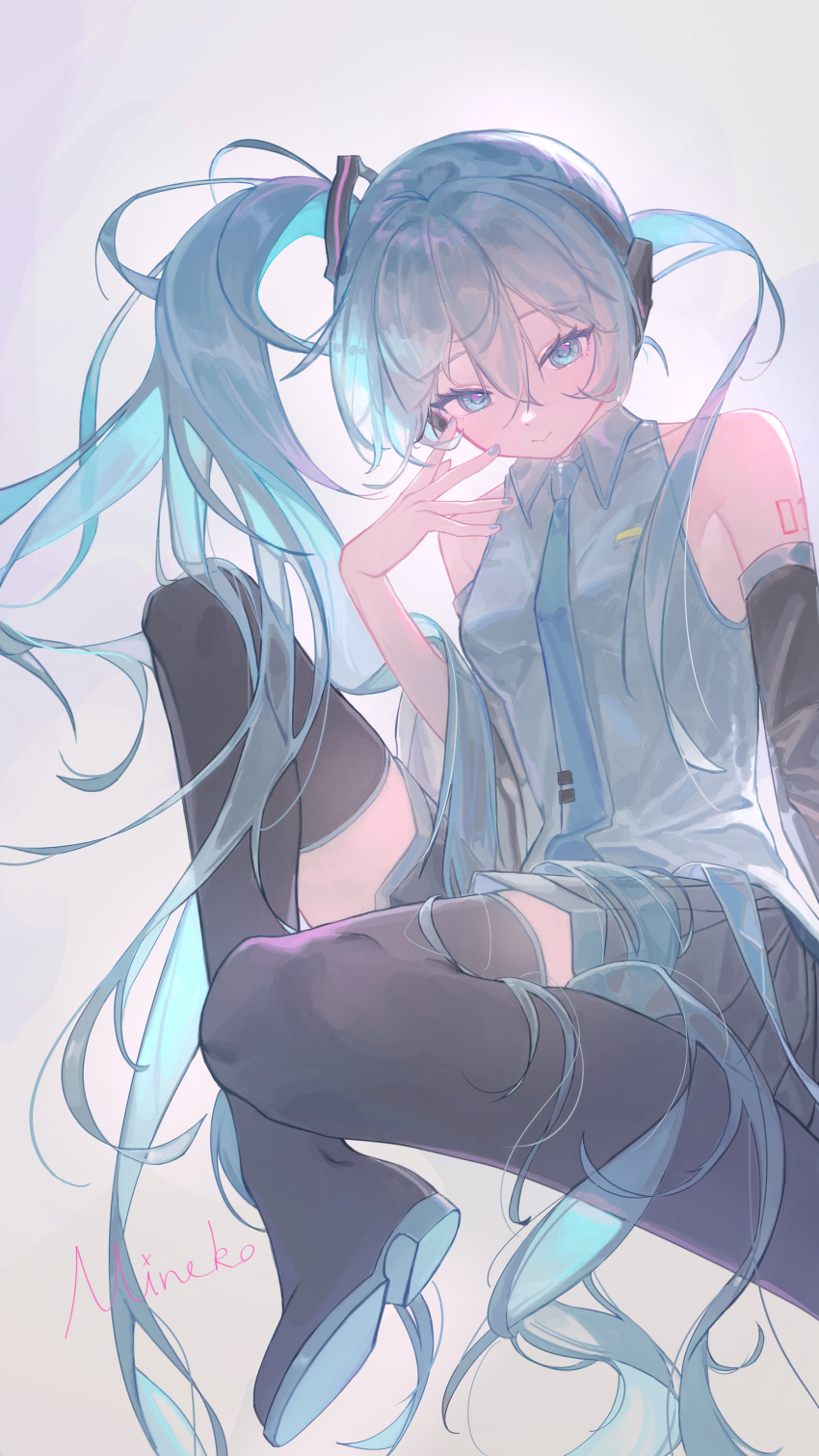 1girl absurdres ahoge aqua_eyes aqua_hair aqua_nails aqua_necktie aqua_trim arm_at_side artist_name bare_shoulders black_boots black_skirt black_sleeves blush boots breasts closed_mouth collarbone collared_shirt colored_eyelashes commentary_request derivative_work detached_sleeves finger_to_cheek foot_out_of_frame grey_background grey_shirt hair_between_eyes hair_intakes hair_ornament hand_up hatsune_miku hatsune_miku_(noodle_stopper) headphones highres knee_up long_hair long_sleeves looking_at_viewer meme miniskirt necktie pleated_skirt shirt side_ponytail sidelocks sidetail_miku_noodle_stopper_(meme) simple_background skirt sleeveless sleeveless_shirt small_breasts smile solo thigh_boots thighhighs very_long_hair vocaloid wusubamineko zettai_ryouiki