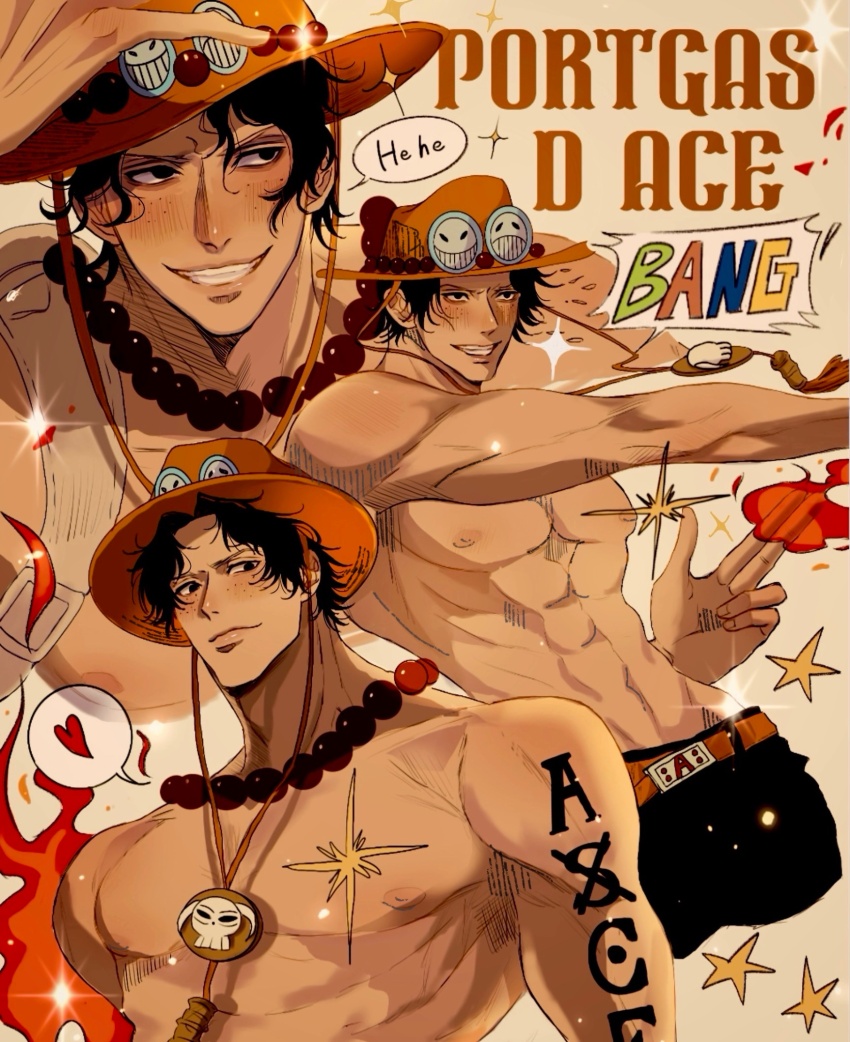 1boy abs arm_tattoo character_name commentary_request fire freckles hat heart highres jewelry looking_to_the_side male_focus multiple_views necklace one_piece orange_hat pearl_necklace portgas_d._ace rihirihi613 smile star_(symbol) tattoo topless_male