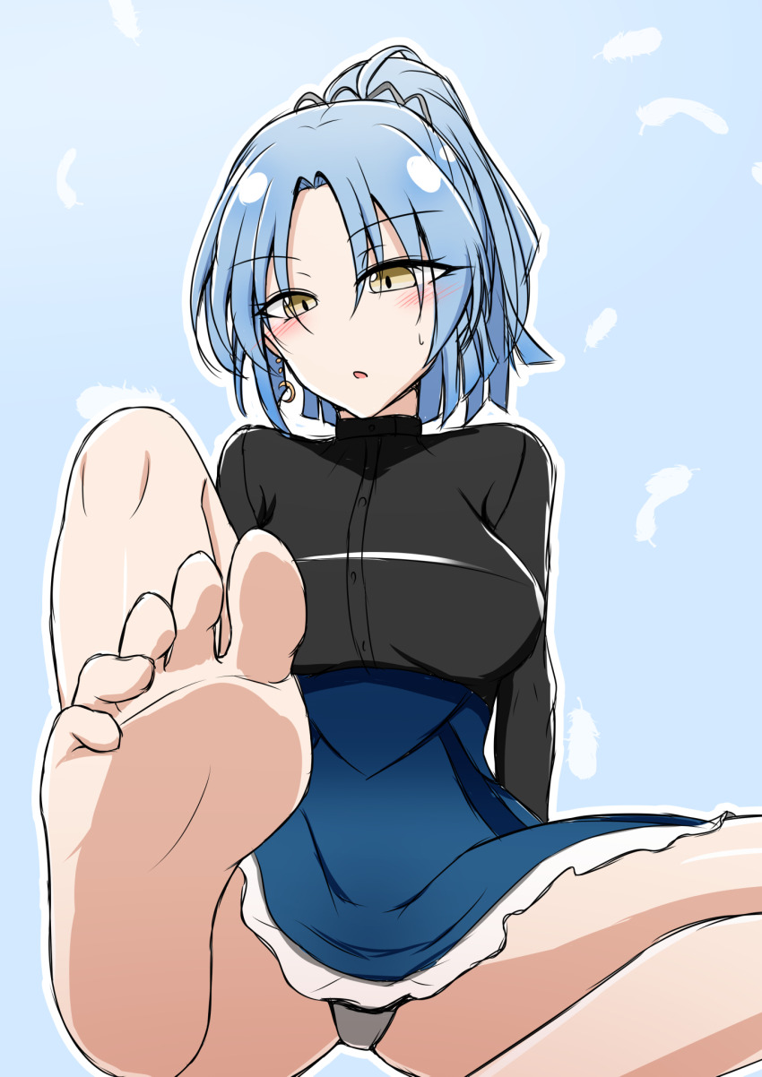 1girl arm_behind_back assault_lily barefoot black_shirt blue_background blue_hair blue_skirt blunt_bangs blush breasts buttons commentary_request crescent crescent_earrings earrings falling_feathers feathers feel_(beniironotori) feet foot_focus foot_out_of_frame grey_panties hair_ornament herensuge_girls_academy_school_uniform high-waist_skirt high_ponytail highres jewelry leg_up looking_at_viewer makino_mitake medium_breasts miniskirt outline panties parted_bangs parted_lips ponytail school_uniform shirt short_hair simple_background single_earring skirt soles solo sweatdrop underwear white_outline yellow_eyes