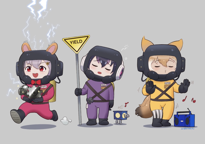 3girls absurdres alternate_costume animal_ears beleven black_hair blonde_hair bodysuit boots closed_eyes coyote_(kemono_friends) extra_ears gloves grey_background grey_hair hazmat_suit highres humboldt_penguin_(kemono_friends) indie_virtual_youtuber kemono_friends kemono_friends_v_project kirara_mimi lethal_company long_hair mouse_ears mouse_girl multiple_girls oxygen_mask oxygen_tank parody penguin_girl red_eyes simple_background tail tube virtual_youtuber wolf_ears wolf_girl wolf_tail