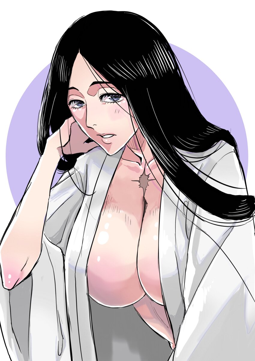 1girl absurdres anno_im black_hair bleach bleach:_sennen_kessen-hen breasts collarbone commentary_request grey_eyes highres large_breasts long_hair mature_female oval_background parted_lips purple_background robe scar scar_on_chest solo spoilers unohana_retsu very_long_hair white_background white_robe