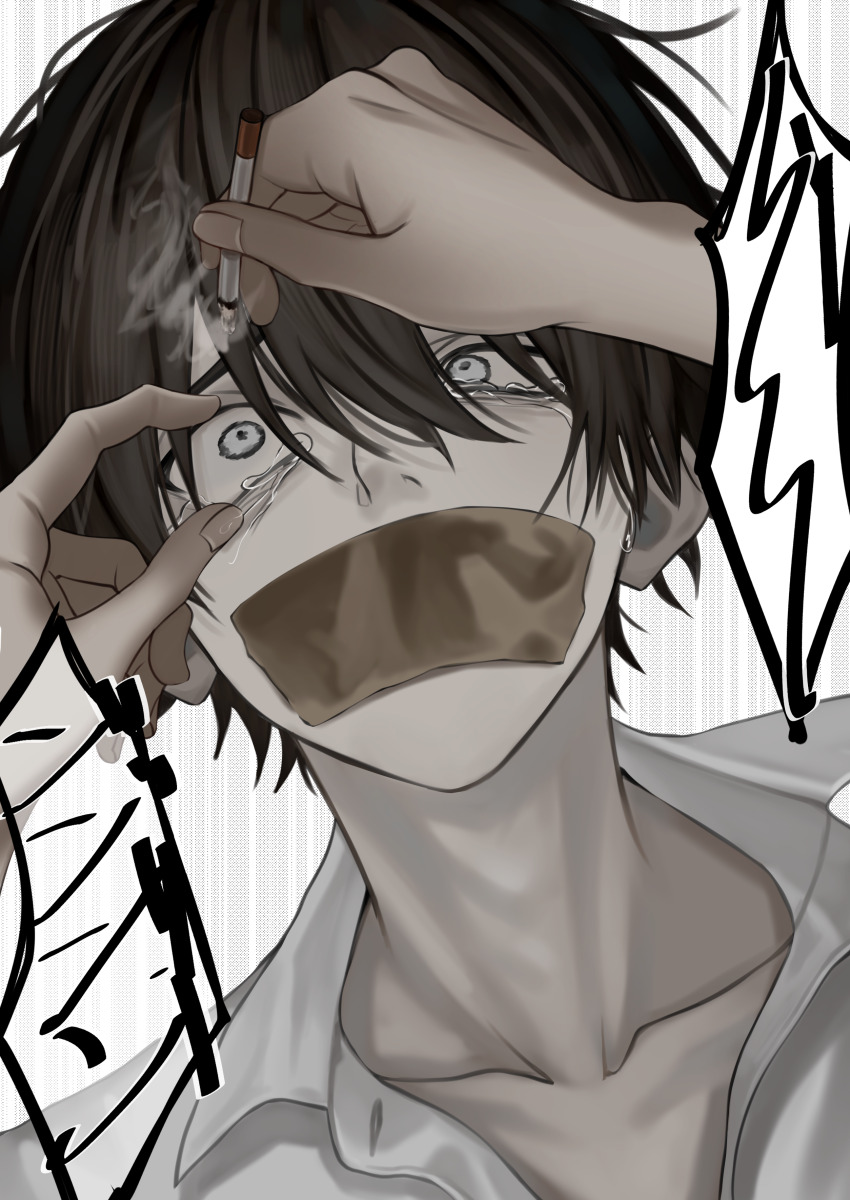 2boys absurdres akanei6no_sora bishounen black_hair cigarette collarbone constricted_pupils fingernails frown gag gagged hair_between_eyes highres holding holding_cigarette human_ashtray imminent_injury improvised_gag male_focus multiple_boys original portrait pov pov_hands reverse_ryona scared shirt short_hair smoke solo_focus speech_bubble tape tape_gag tearing_up torture white_background white_eyes white_shirt