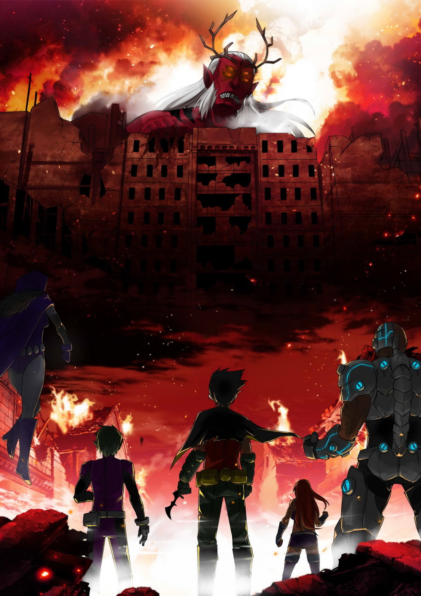 2girls 3boys batarang beast_boy_(dc) belt black_hair bodysuit burning burning_building cape clenched_hands colored_skin crossover cyborg cyborg_(dc) dark_skin dc_comics demon destruction dick_grayson epic exaxuxer extra_eyes fighting_stance fire floating from_behind green_hair green_skin grey_skin highres hood leotard long_hair multiple_boys multiple_girls neon_trim orange_skin pale_skin parody pointy_ears raven_(dc) red_hair red_skin robin_(dc) scenery sharp_teeth shingeki_no_kyojin skirt standing starfire superhero_costume teen_titans teeth trigon utility_belt victor_stone wall white_hair