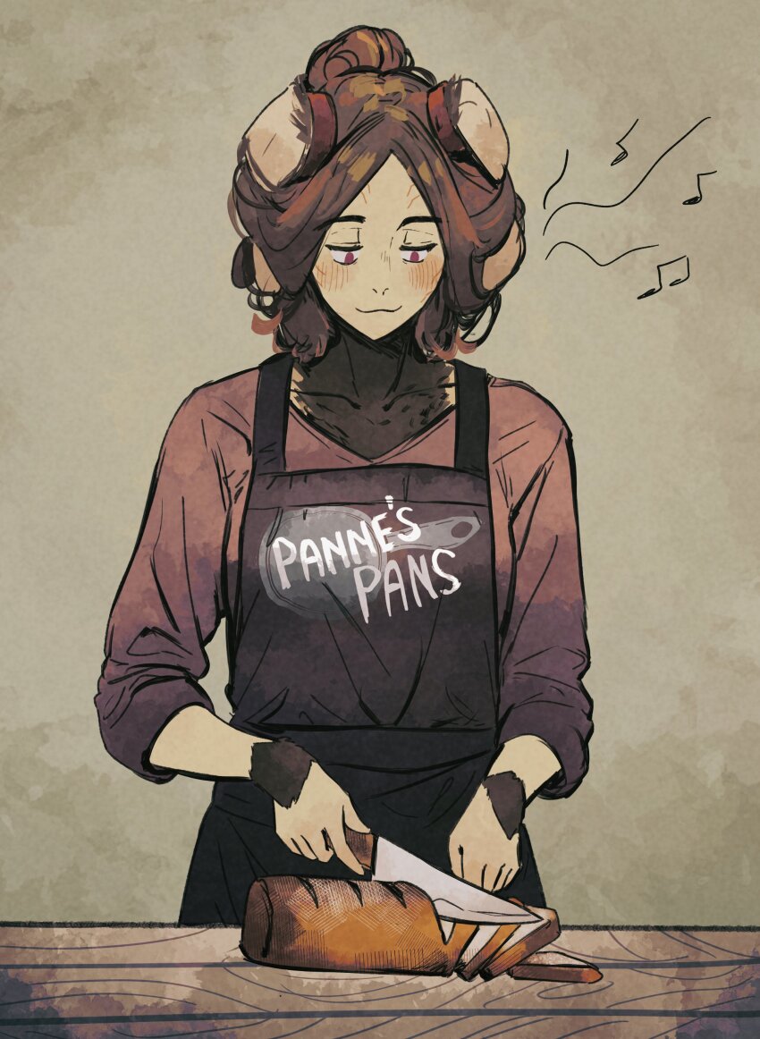 1girl absurdres animal_ears apron black_apron bread bread_slice brown_fur brown_hair facial_mark fire_emblem fire_emblem_awakening food hair_around_ear highres holding holding_knife kitchen_knife knife musical_note nintendo panne_(fire_emblem) rabbit_ears rabbit_girl red_eyes sliced spindle_(aidenr0) taguel