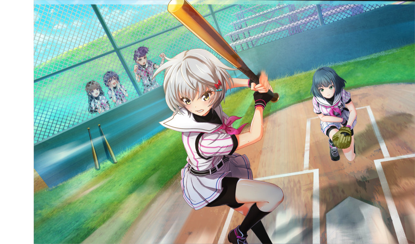 5girls :d asahina_iroha baseball baseball_base baseball_bat baseball_field baseball_glove baseball_uniform batting_stance belt belt_buckle bike_shorts_under_skirt black_belt black_footwear black_gloves black_hair black_shorts black_socks black_undershirt blue_hair blunt_bangs bow buckle chain-link_fence cinderella_series clenched_teeth closed_mouth fence fingerless_gloves game_cg gloves green_eyes hachigatsu_no_cinderella_nine hair_bow hair_ornament hairclip highres holding holding_baseball_bat izumida_kyouka kondou_saki long_hair metal_baseball_bat motion_blur multiple_girls nagai_kanako neckerchief non-web_source official_art open_mouth outdoors pink_neckerchief playing_sports pleated_skirt pompadour purple_hair red_bow satogahama_baseball_uniform shirt shirt_under_shirt short_hair short_sleeves shorts skirt smile socks solo_focus sportswear squatting standing striped_belt striped_clothes striped_shirt suzuki_waka sweat teeth vertical-striped_clothes vertical-striped_shirt white_hair wristband yellow_eyes