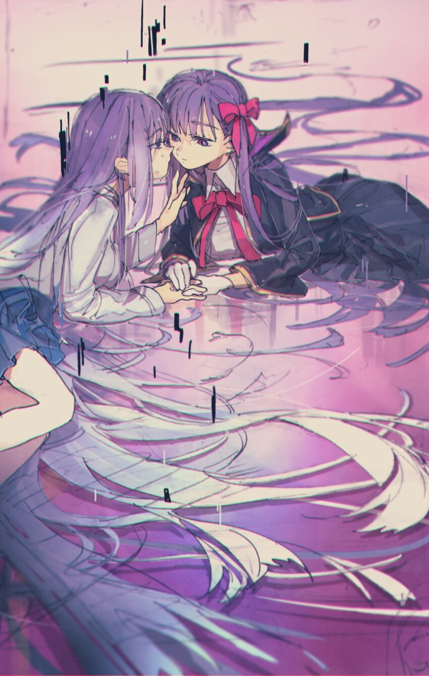 2girls bb_(fate) bb_(fate/extra) black_jacket black_skirt blue_skirt bow bowtie breasts closed_mouth collared_shirt crying crying_with_eyes_open dual_persona empty_eyes fate/extra fate/extra_ccc fate/grand_order fate_(series) feet_out_of_frame fingernails glitch gloves hair_bow half-closed_eyes hand_up highres holding_hands jacket large_breasts long_hair long_skirt long_sleeves looking_at_another lying miniskirt multiple_girls on_side open_clothes open_jacket pink_background pink_bow pink_bowtie pleated_skirt purple_eyes purple_hair sad shirt sidelocks skirt sksk_sn09 tears very_long_hair white_gloves white_shirt wide_sleeves