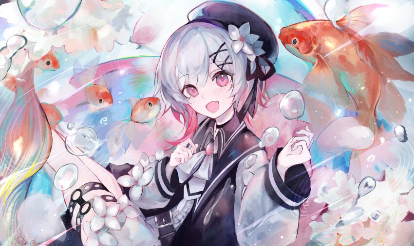 1girl :d absurdres beret black_choker black_dress black_hat bloomers bubble choker dress fang flower flower_ornament gradient_hair hair_flower hair_ornament hat hat_flower highres koi looking_at_viewer magical_girl mahou_shoujo_no_majo_saiban multicolored_hair open_mouth pink_eyes sakuraba_ema shirt short_hair skin_fang smile solo talz thigh_strap underwear water white_flower white_hair white_shirt x_hair_ornament