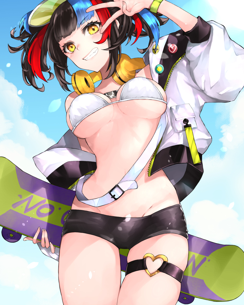 1girl badge bare_shoulders bikini black_hair black_shorts blue_hair blue_sky blush breasts button_badge cleavage fate/grand_order fate_(series) green_hat grin hat hazuki-a headphones headphones_around_neck highres jacket large_breasts long_hair long_sleeves looking_at_viewer multicolored_hair navel off_shoulder open_clothes open_jacket red_hair sei_shounagon_(fate) sei_shounagon_(swimsuit_berserker)_(first_ascension)_(fate) short_shorts shorts sidelocks skateboard sky smile solo swimsuit thigh_strap thighs twintails visor_cap white_bikini white_jacket yellow_eyes