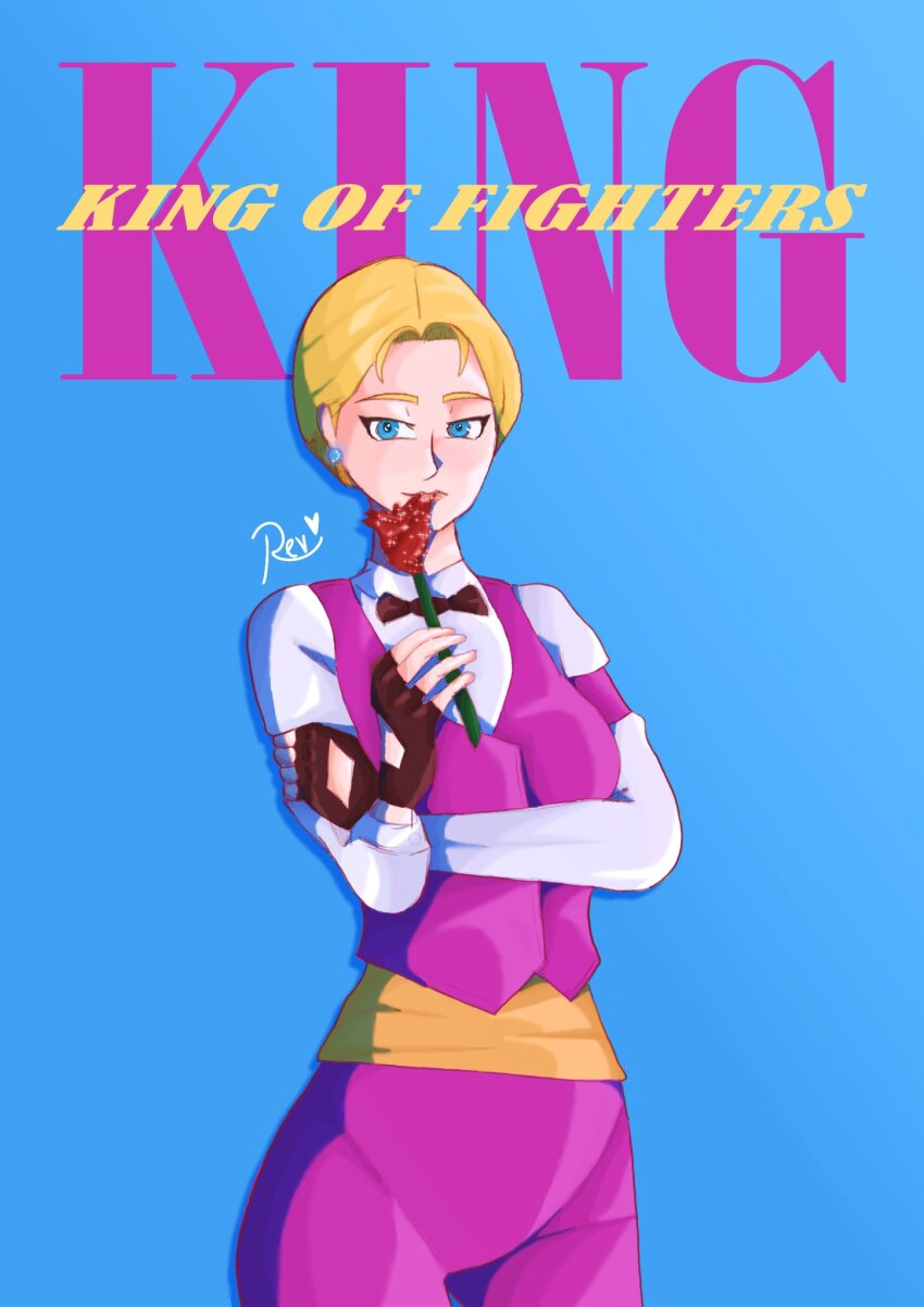 1girl blonde_hair blue_eyes breasts female_focus flower formal_clothes king_(snk) looking_at_viewer medium_breasts pale_skin pants revdraws10 rose short_hair suit the_king_of_fighters thighs tuxedo wide_hips