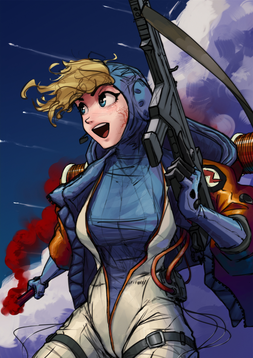 1girl apex_legends assault_rifle backpack bag blue_bodysuit bodysuit breasts colored_smoke commentary down_jacket english_commentary facial_scar flare gun highres holding holding_gun holding_weapon hood hooded_bodysuit hooded_jacket jacket large_breasts open_mouth orange_jacket ribbed_bodysuit rifle scar scar_on_cheek scar_on_face short_hair smoke solo teeth touchme4lln8 unzipped upper_teeth_only wattson_(apex_legends) weapon white_bodysuit