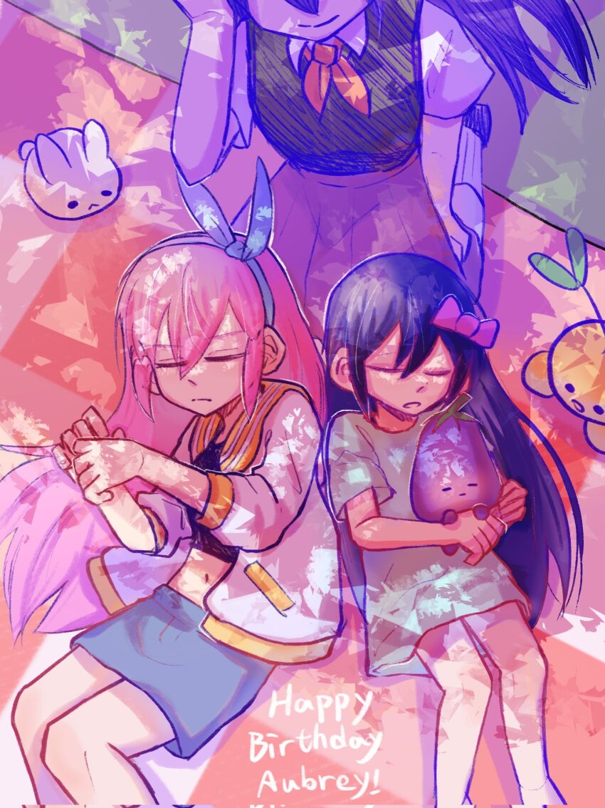 3girls aubrey_(faraway)_(omori) aubrey_(headspace)_(omori) aubrey_(omori) barefoot black_sweater_vest blue_hairband blue_shirt blue_skirt bow checkered_blanket closed_mouth colored_skin corrupted_twitter_file crop_top denim denim_skirt forest_bunny_(omori) hair_bow hairband happy_birthday highres holding holding_stuffed_toy jacket lap_pillow long_shirt long_sleeves mari_(headspace)_(omori) mari_(omori) mr._plantegg_(omori) multiple_girls navel neckerchief omori open_mouth picnic_blanket pink_bow pink_hair purple_hair qinliu_cat red_neckerchief shirt short_sleeves skirt smile sprout_mole stuffed_eggplant stuffed_toy sweater_vest t-shirt white_jacket white_shirt white_skin